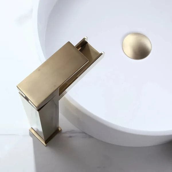 Brushed Gold Single Handle Waterfall Bathroom Vessel Sink Faucet Solid Brass Modern