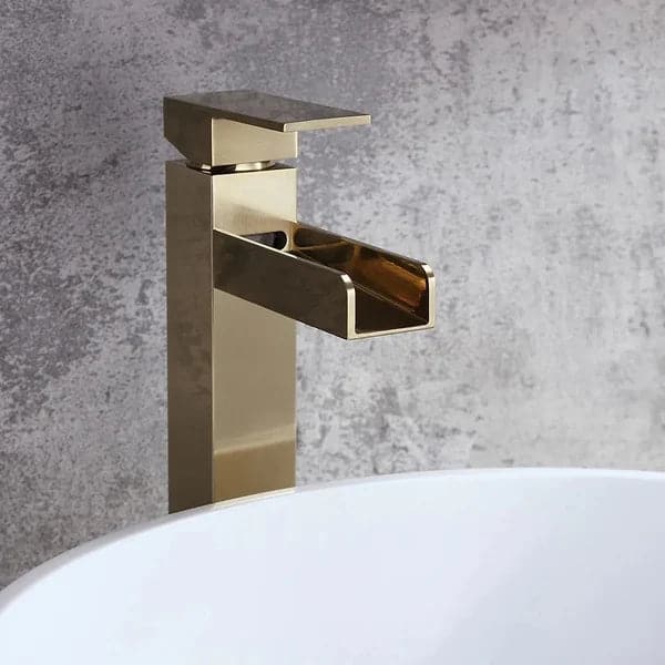 Brushed Gold Single Handle Waterfall Bathroom Vessel Sink Faucet Solid Brass Modern