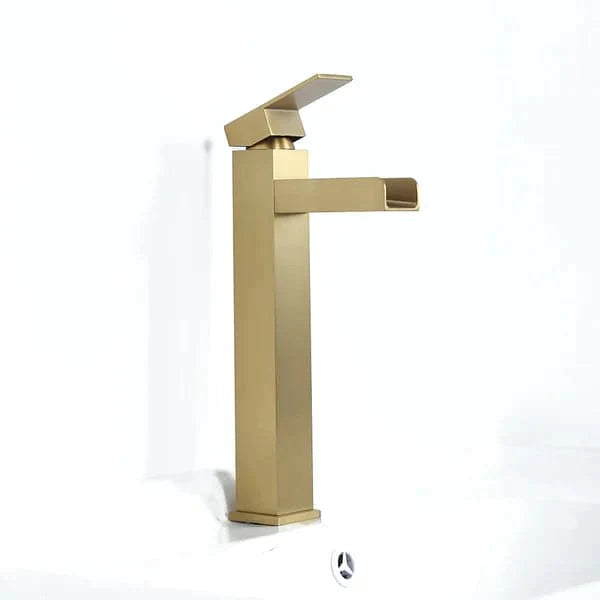 Brushed Gold Single Handle Waterfall Bathroom Vessel Sink Faucet Solid Brass Modern