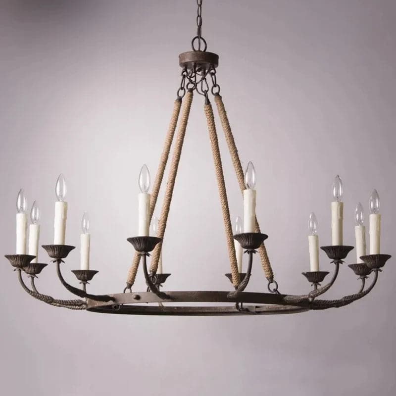 12-Light Candelabra Wagon Wheel Chandelier with Flaxen Hemp Rope