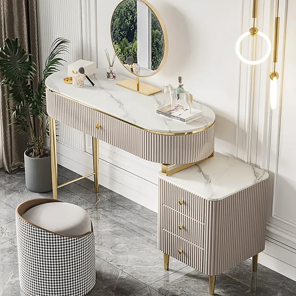 Champagne Faux Marble Top Makeup Vanity Set with 1 Stool & 1 Cabinet & 1 Mirror