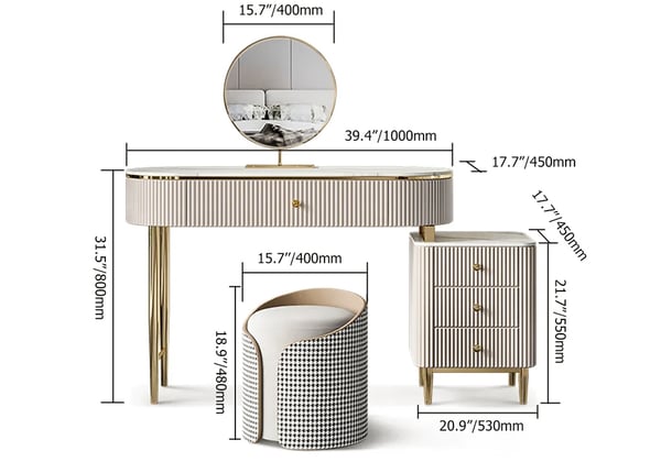 Champagne Faux Marble Top Makeup Vanity Set with 1 Stool & 1 Cabinet & 1 Mirror