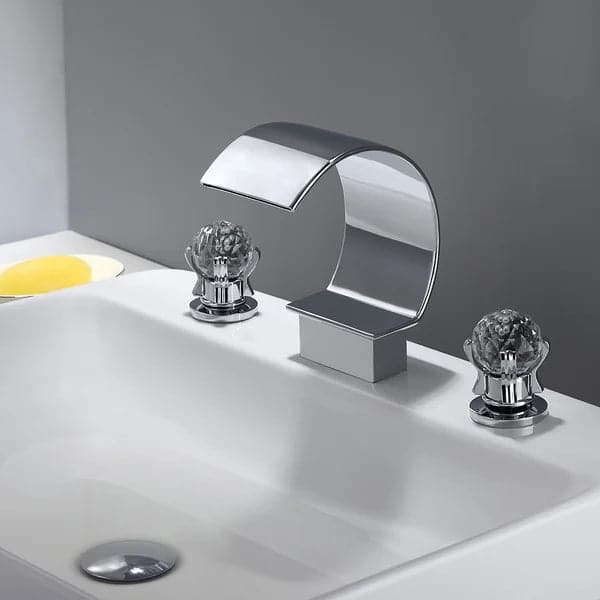 Chrome Waterfall Spout 2 Crystal Handle Widespread Bathroom Sink Faucet