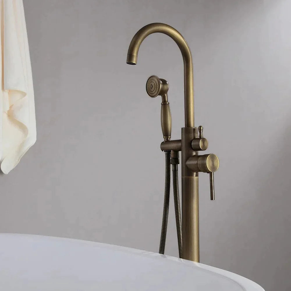 Classic Single Handle Swirling Spout Freestanding Tub Faucet with Handshower Solid Brass