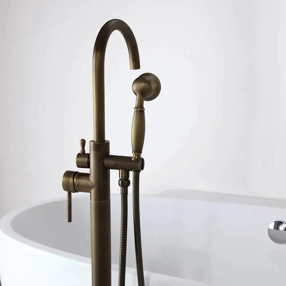 Classic Single Handle Swirling Spout Freestanding Tub Faucet with Handshower Solid Brass