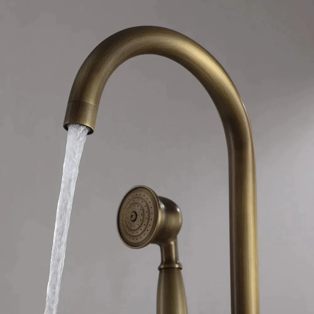 Classic Single Handle Swirling Spout Freestanding Tub Faucet with Handshower Solid Brass