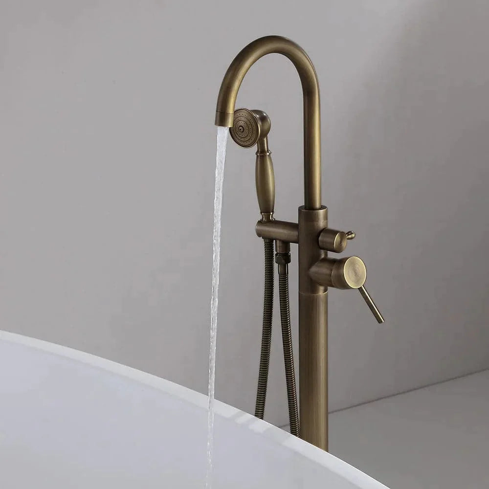 Classic Single Handle Swirling Spout Freestanding Tub Faucet with Handshower Solid Brass