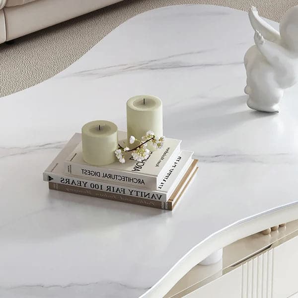 Cloud Coffee Table Wood Irregular Sintered Stone Top in White with Drawer Storage