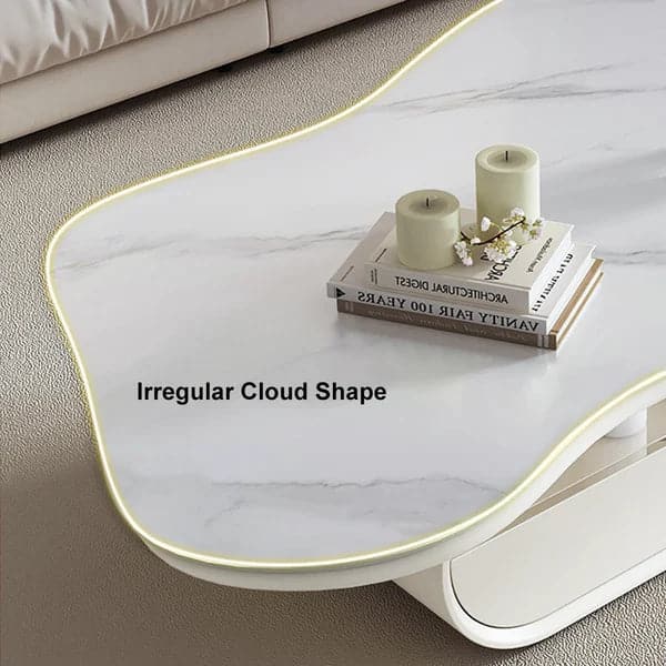 Cloud Coffee Table Wood Irregular Sintered Stone Top in White with Drawer Storage