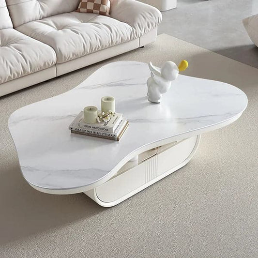 Cloud Coffee Table Wood Irregular Sintered Stone Top in White with Drawer Storage