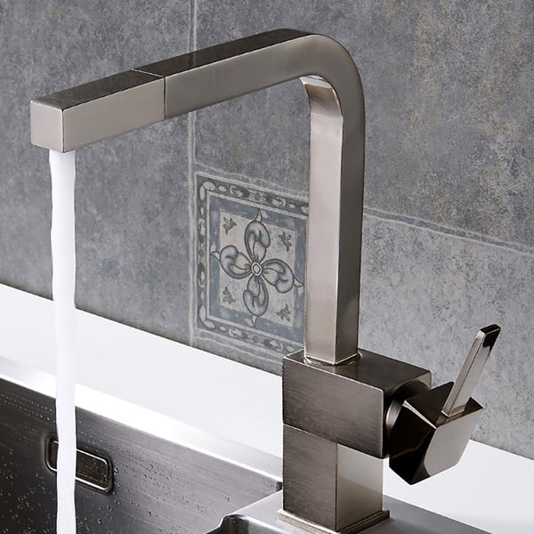 Contemporary Single Handle Square Pull-Out Brass Kitchen Faucet in Brushed Nickel