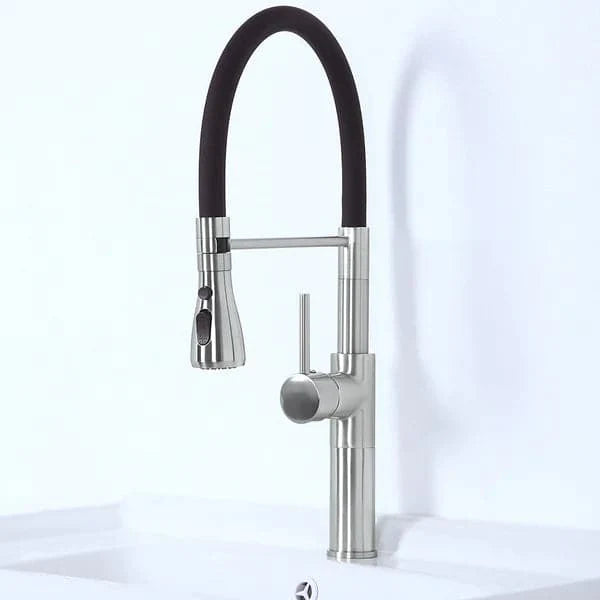 Contemporary Single Hole 1-Handle Kitchen Faucet Pull-Out Spout in Brushed Nickel