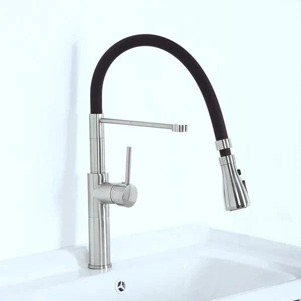 Contemporary Single Hole 1-Handle Kitchen Faucet Pull-Out Spout in Brushed Nickel