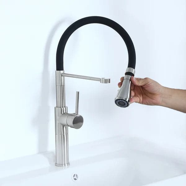 Contemporary Single Hole 1-Handle Kitchen Faucet Pull-Out Spout in Brushed Nickel