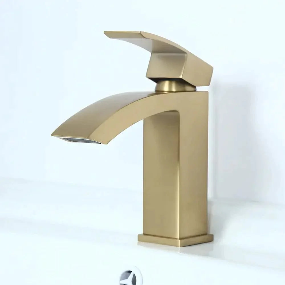 Contemporary Style Brushed Gold Single Hole Deck Mounted Bathroom Sink Faucet