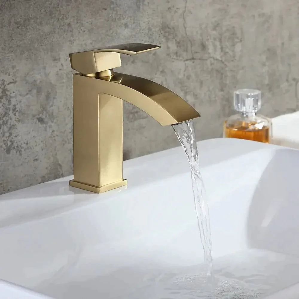 Contemporary Style Brushed Gold Single Hole Deck Mounted Bathroom Sink Faucet