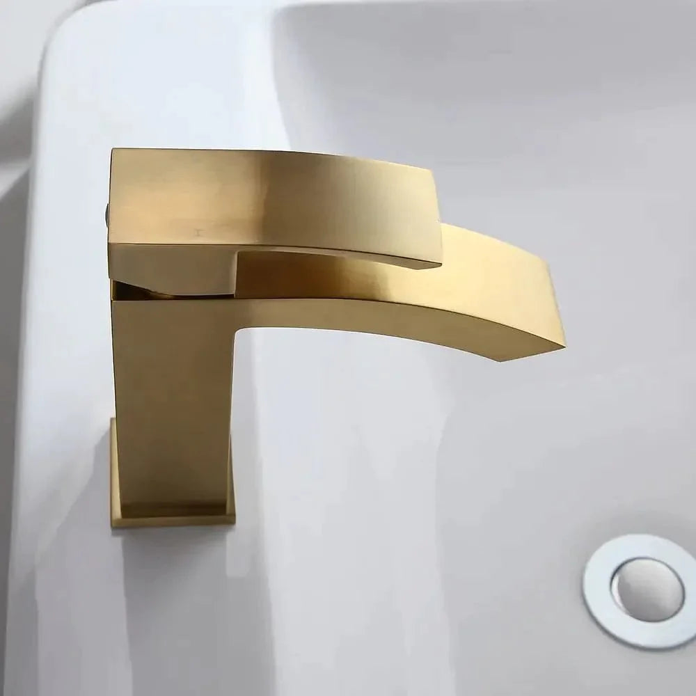 Contemporary Style Brushed Gold Single Hole Deck Mounted Bathroom Sink Faucet