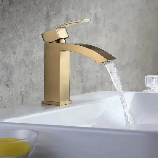 Contemporary Style Brushed Gold Single Hole Deck Mounted Bathroom Sink Faucet