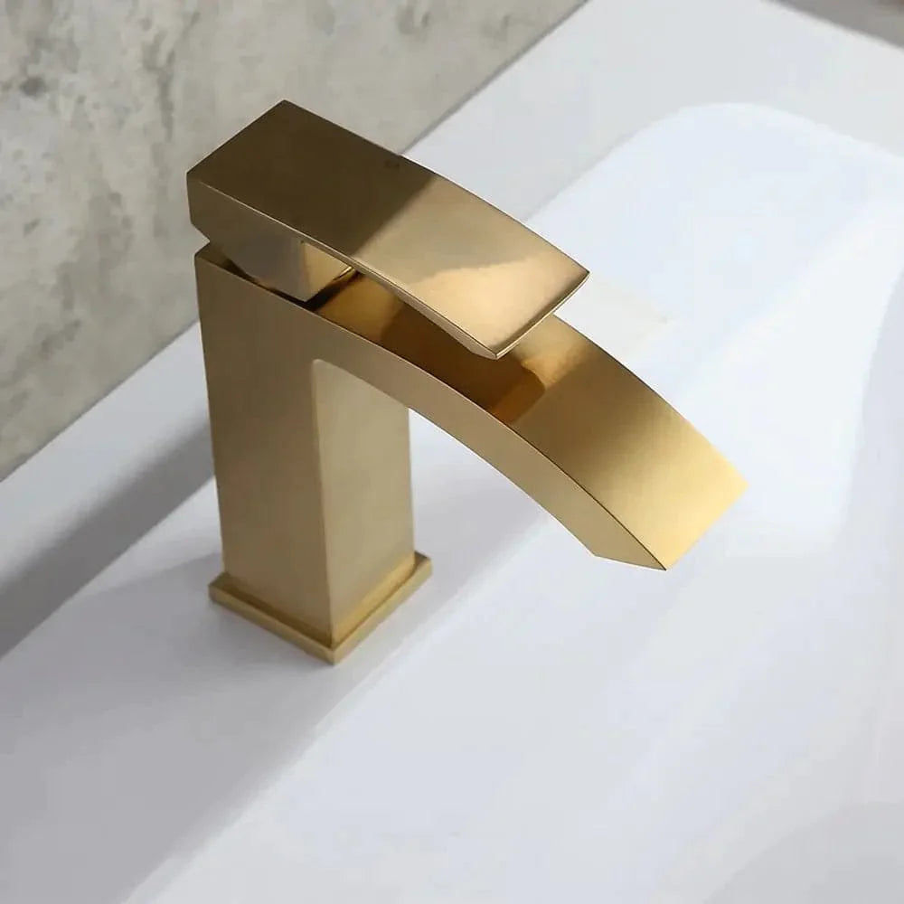 Contemporary Style Brushed Gold Single Hole Deck Mounted Bathroom Sink Faucet