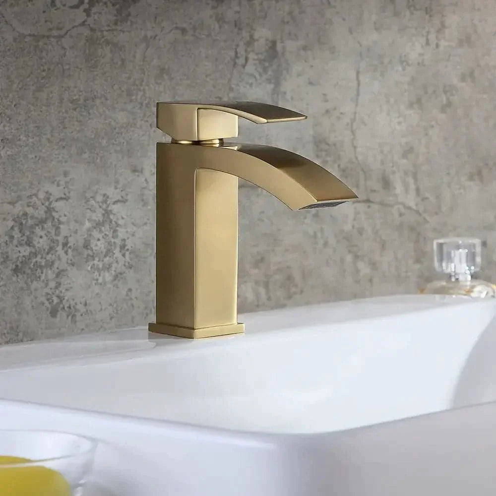 Contemporary Style Brushed Gold Single Hole Deck Mounted Bathroom Sink Faucet