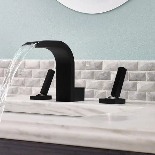 Contemporary Widespread Waterfall Spout Deck Mounted Bathroom Sink Faucet Double Handle