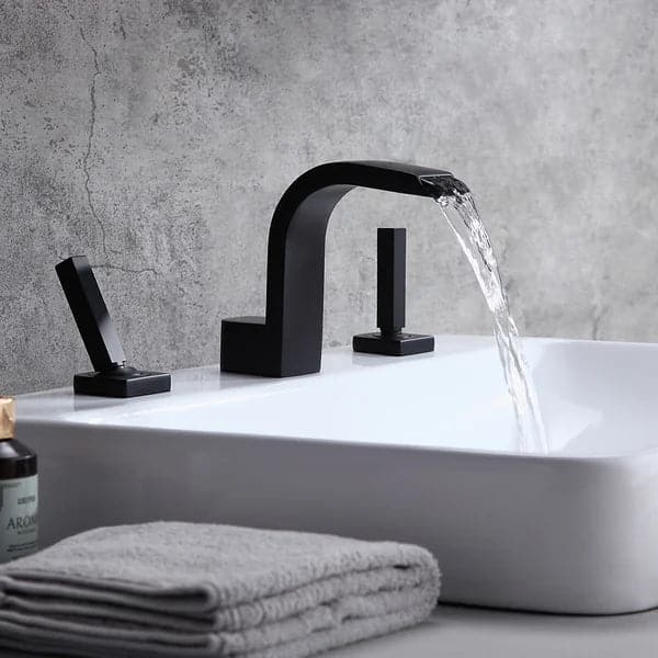 Contemporary Widespread Waterfall Spout Deck Mounted Bathroom Sink Faucet Double Handle