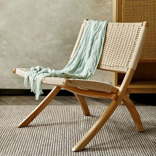 Japandi Folding Recliner Chair Ash Wood Woven Hemp Rope Back & Seat in Natural