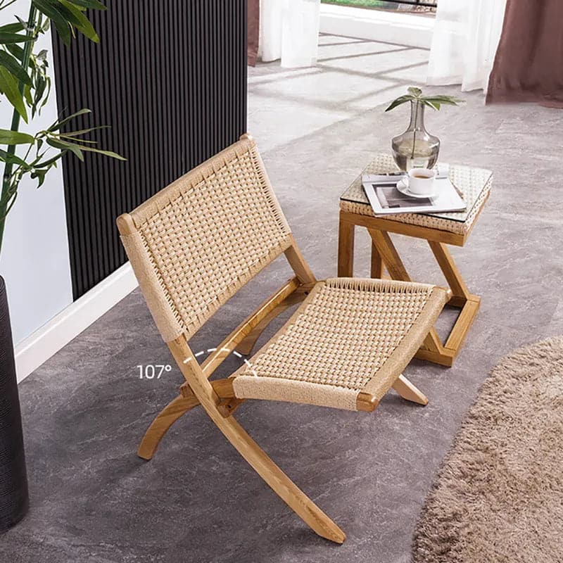 Japandi Folding Recliner Chair Ash Wood Woven Hemp Rope Back & Seat in Natural