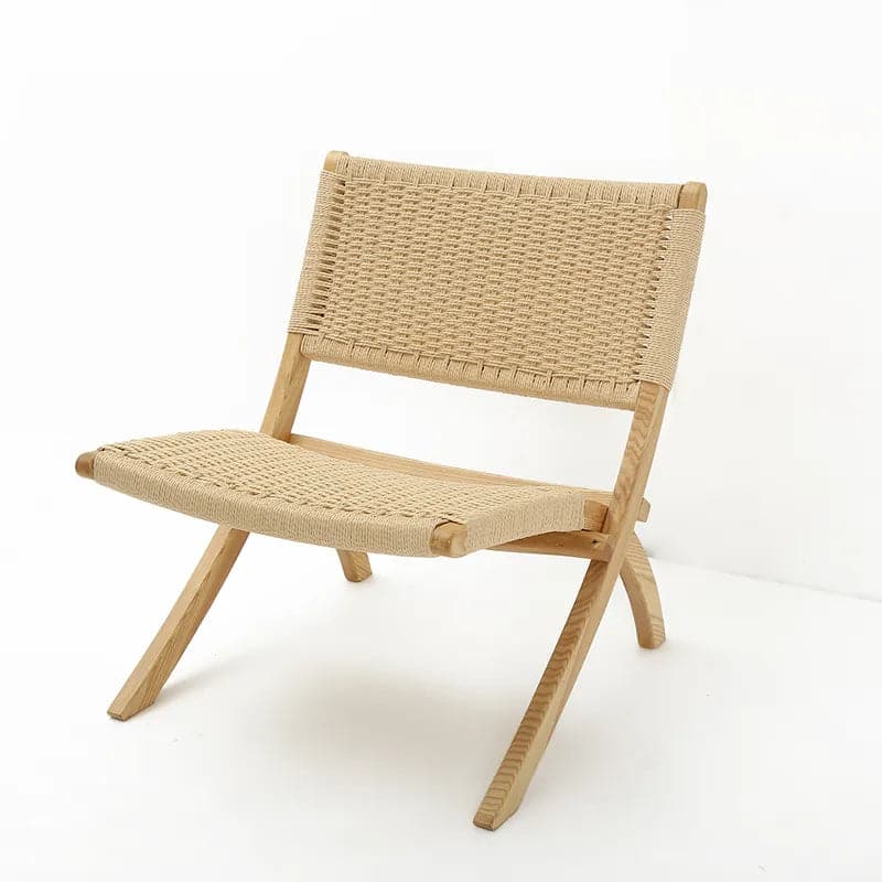 Japandi Folding Recliner Chair Ash Wood Woven Hemp Rope Back & Seat in Natural