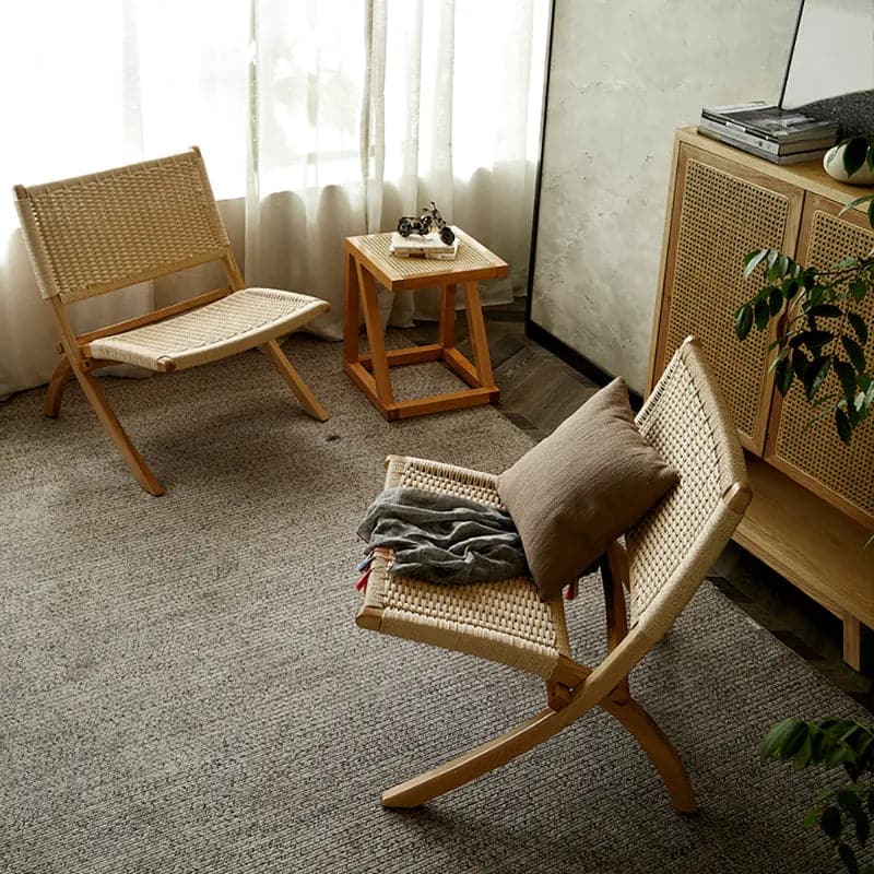 Japandi Folding Recliner Chair Ash Wood Woven Hemp Rope Back & Seat in Natural