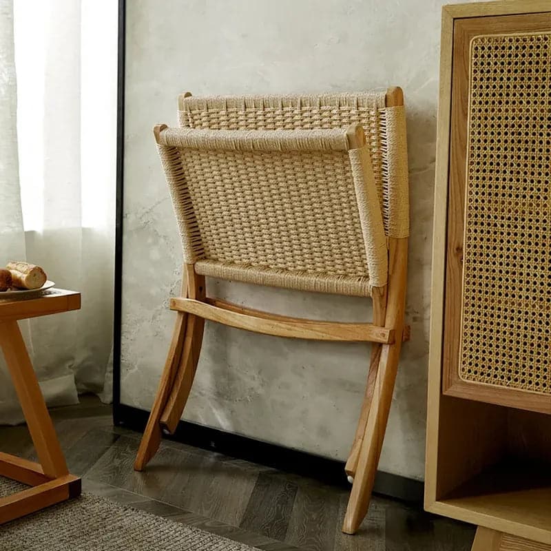 Japandi Folding Recliner Chair Ash Wood Woven Hemp Rope Back & Seat in Natural