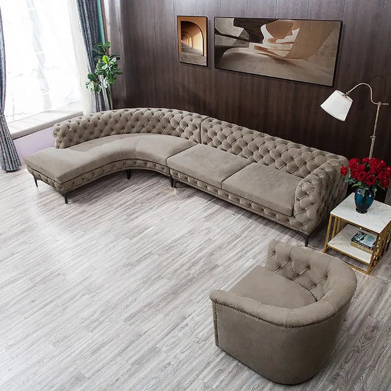 Curved Khaki Sectional Chesterfield Sofa 5-Seater Upholstered Velvet Stainless Steel Leg