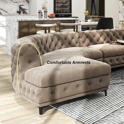 Curved Khaki Sectional Chesterfield Sofa 5-Seater Upholstered Velvet Stainless Steel Leg