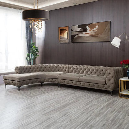 Curved Khaki Sectional Chesterfield Sofa 5-Seater Upholstered Velvet Stainless Steel Leg