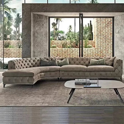 Curved Khaki Sectional Chesterfield Sofa 5-Seater Upholstered Velvet Stainless Steel Leg