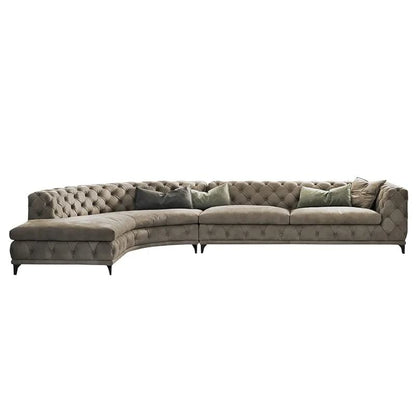 Curved Khaki Sectional Chesterfield Sofa 5-Seater Upholstered Velvet Stainless Steel Leg