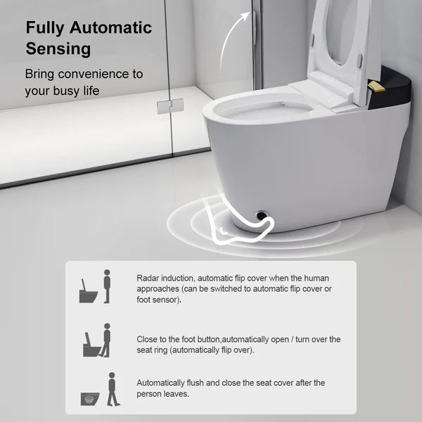 Elongated One-Piece Smart Toilet Floor Mounted Automatic Toilet in Black & Gold Rim