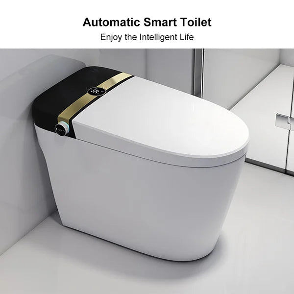 Elongated One-Piece Smart Toilet Floor Mounted Automatic Toilet in Black & Gold Rim