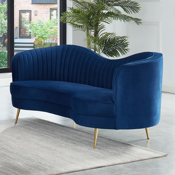 Luxury 72" Vertical Channel Tufted Curved Performance Velvet Sofa in Blue