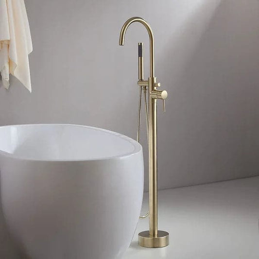 Freestanding Single Handle Tub Filler Faucet with Handshower Brass Brushed Gold