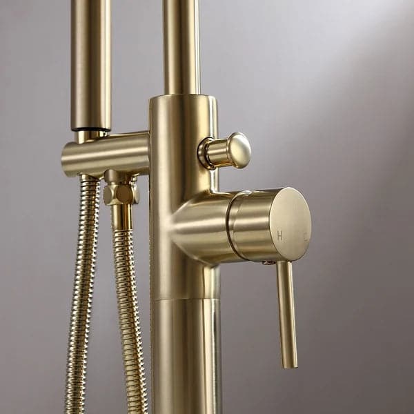 Freestanding Single Handle Tub Filler Faucet with Handshower Brass Brushed Gold