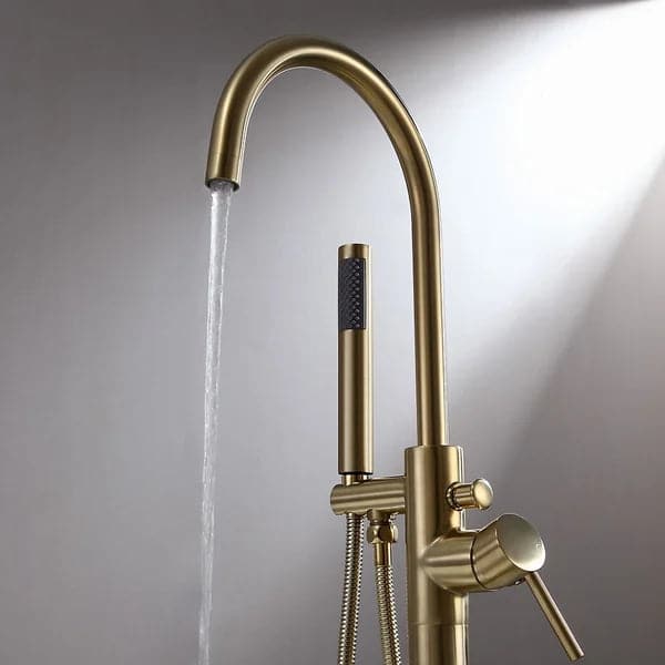 Freestanding Single Handle Tub Filler Faucet with Handshower Brass Brushed Gold