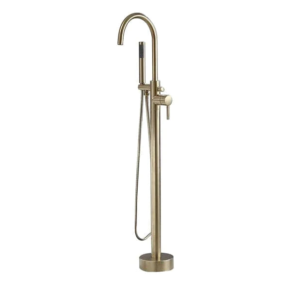 Freestanding Single Handle Tub Filler Faucet with Handshower Brass Brushed Gold