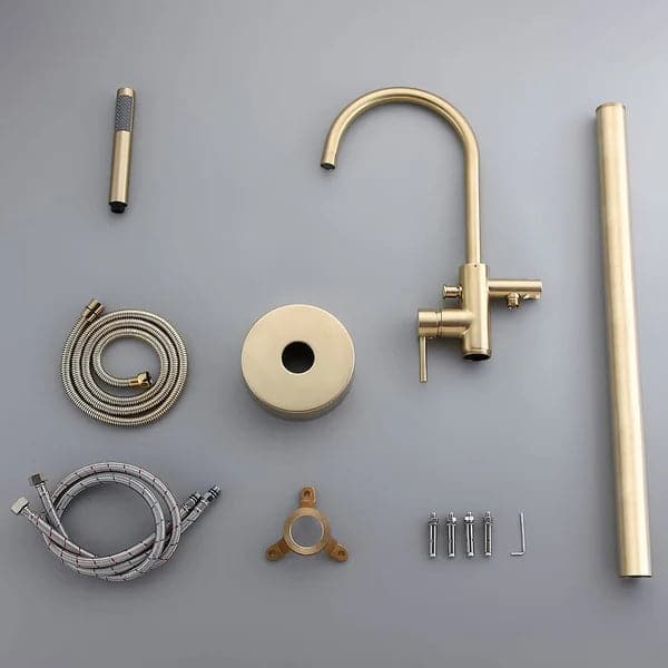 Freestanding Single Handle Tub Filler Faucet with Handshower Brass Brushed Gold