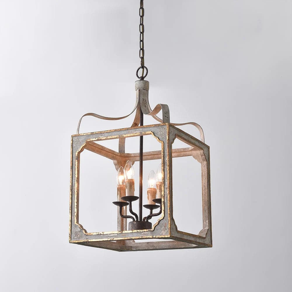 French 4-Light Lantern Chandelier Square Candelabra Pendant Light in Antique Gray