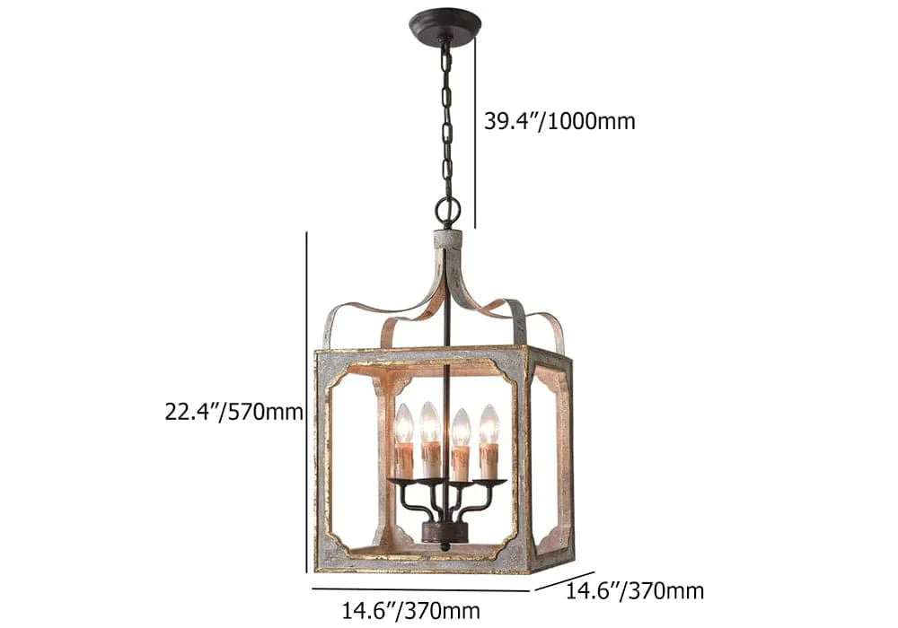 French 4-Light Lantern Chandelier Square Candelabra Pendant Light in Antique Gray