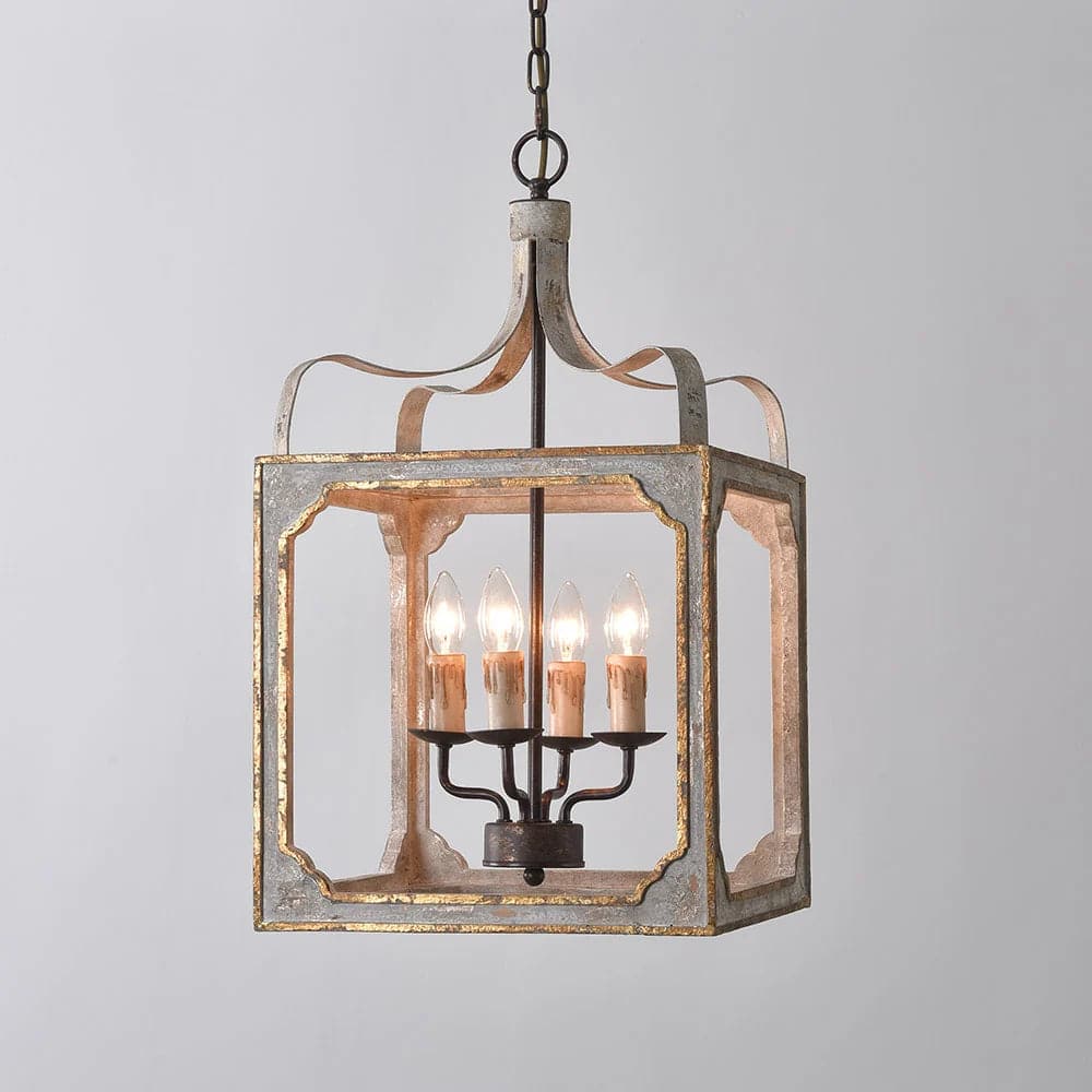 French 4-Light Lantern Chandelier Square Candelabra Pendant Light in Antique Gray