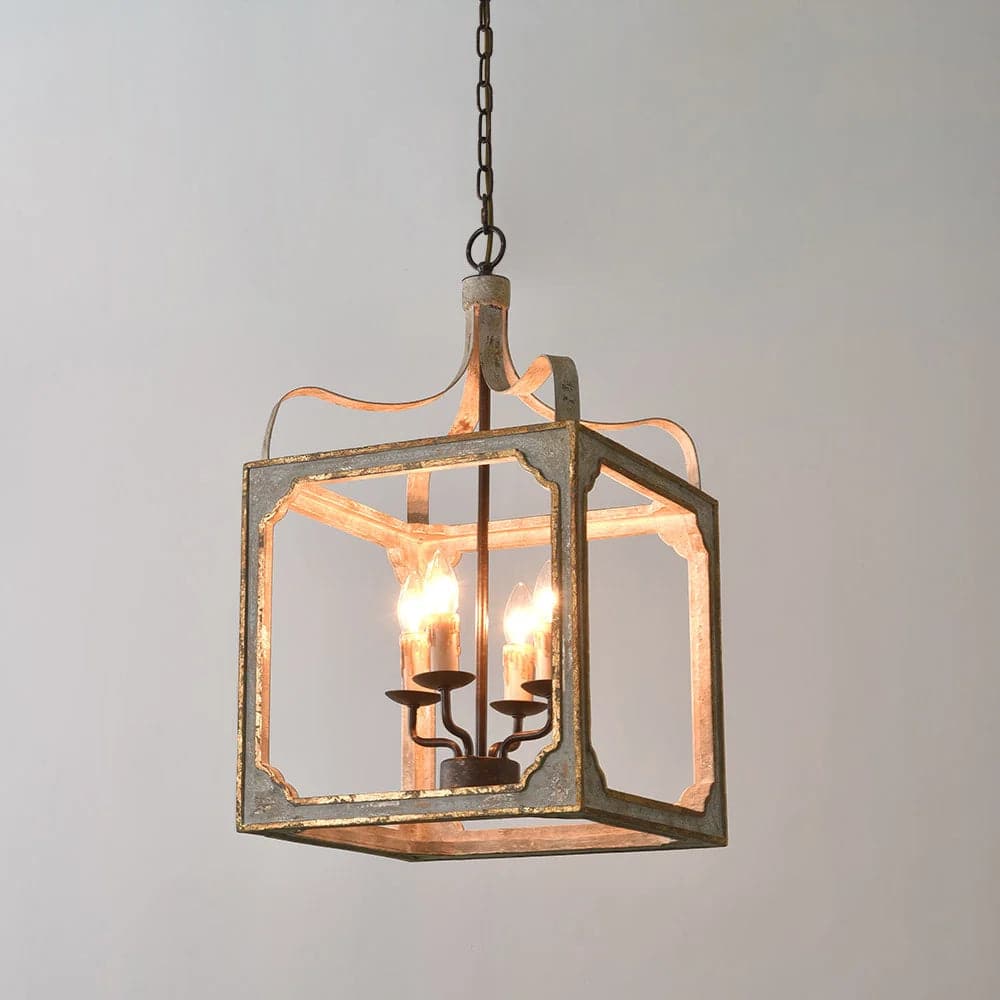 French 4-Light Lantern Chandelier Square Candelabra Pendant Light in Antique Gray