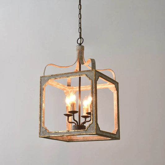 French 4-Light Lantern Chandelier Square Candelabra Pendant Light in Antique Gray