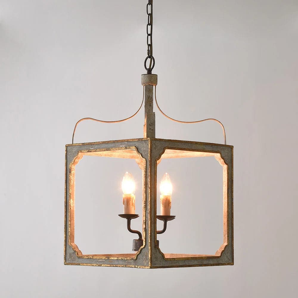 French 4-Light Lantern Chandelier Square Candelabra Pendant Light in Antique Gray